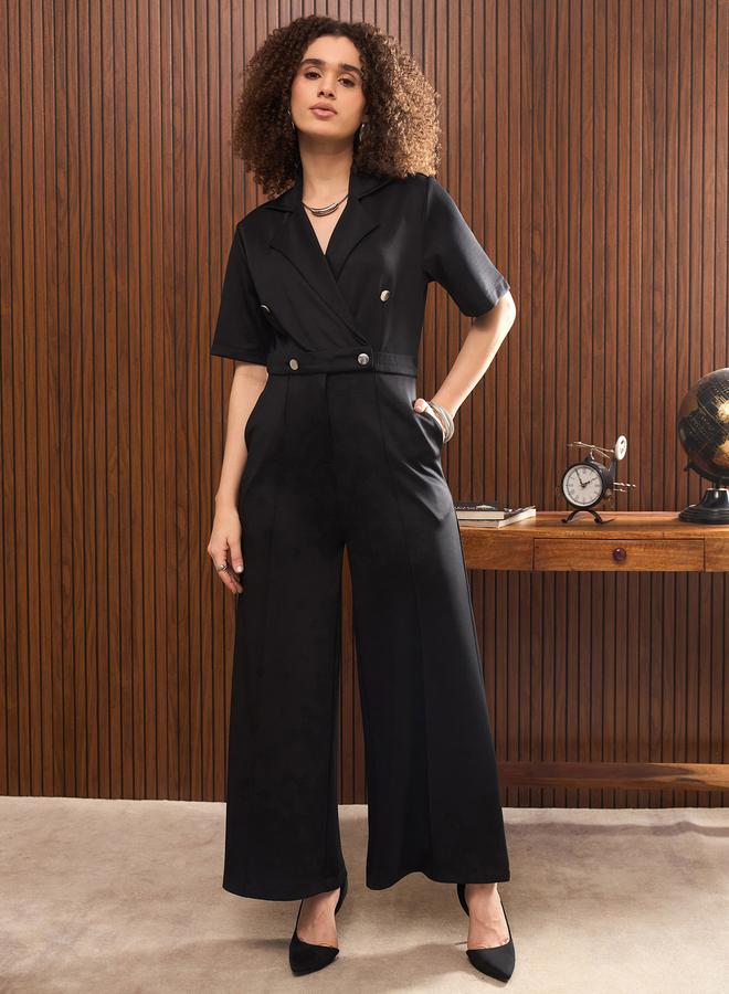 SASSAFRAS Women Black Straight Leg Buttoned Jumpsuit - Image 5